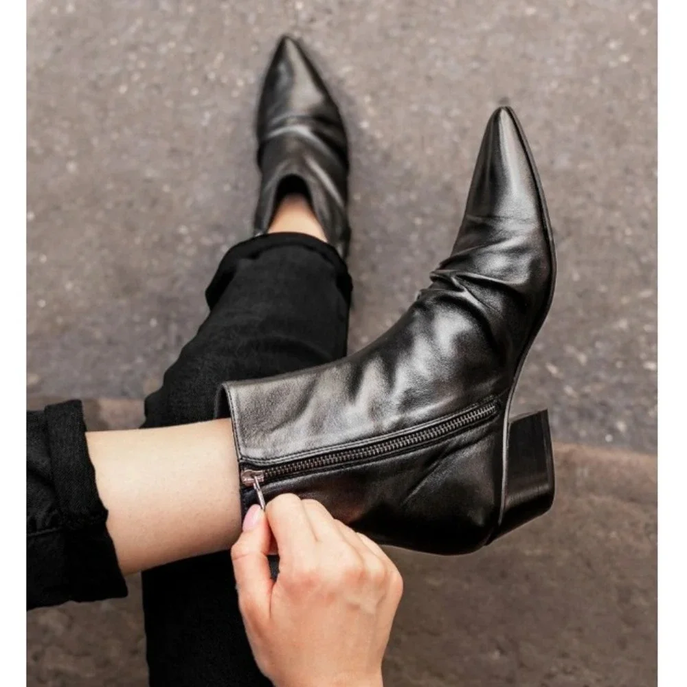Thursday Boot Co Bijou Boot Women 8.5 Black Leather Ruched Pointed Toe - Picture 1 of 11